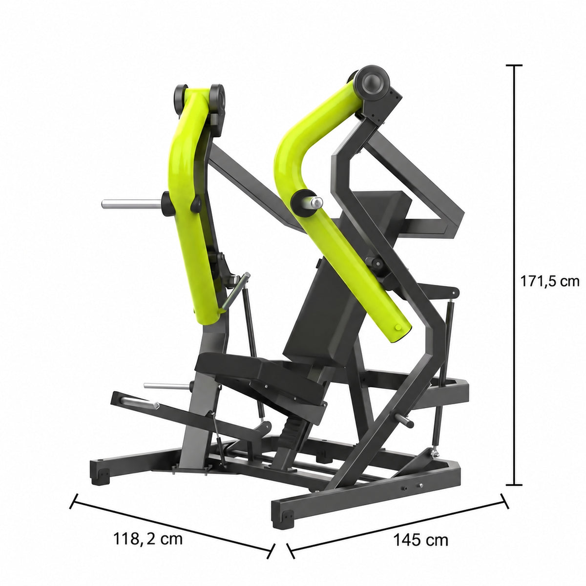DHZ Y900 Y910L Decline-Brustpresse (Low Chest Press) mit Einstiegshilfe in Grün-Schwarz – Maßzeichnung mit Geräteabmessungen