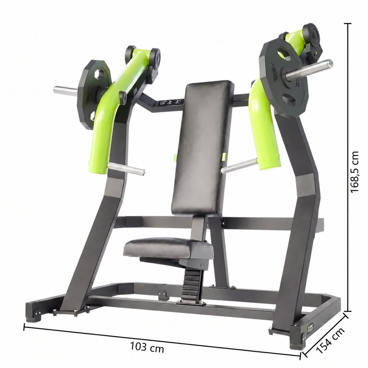 DHZ Y900 Y915 Schrägbank-Brustpresse (Incline Chest Press) in Grün-Schwarz – Maßzeichnung mit Geräteabmessungen
