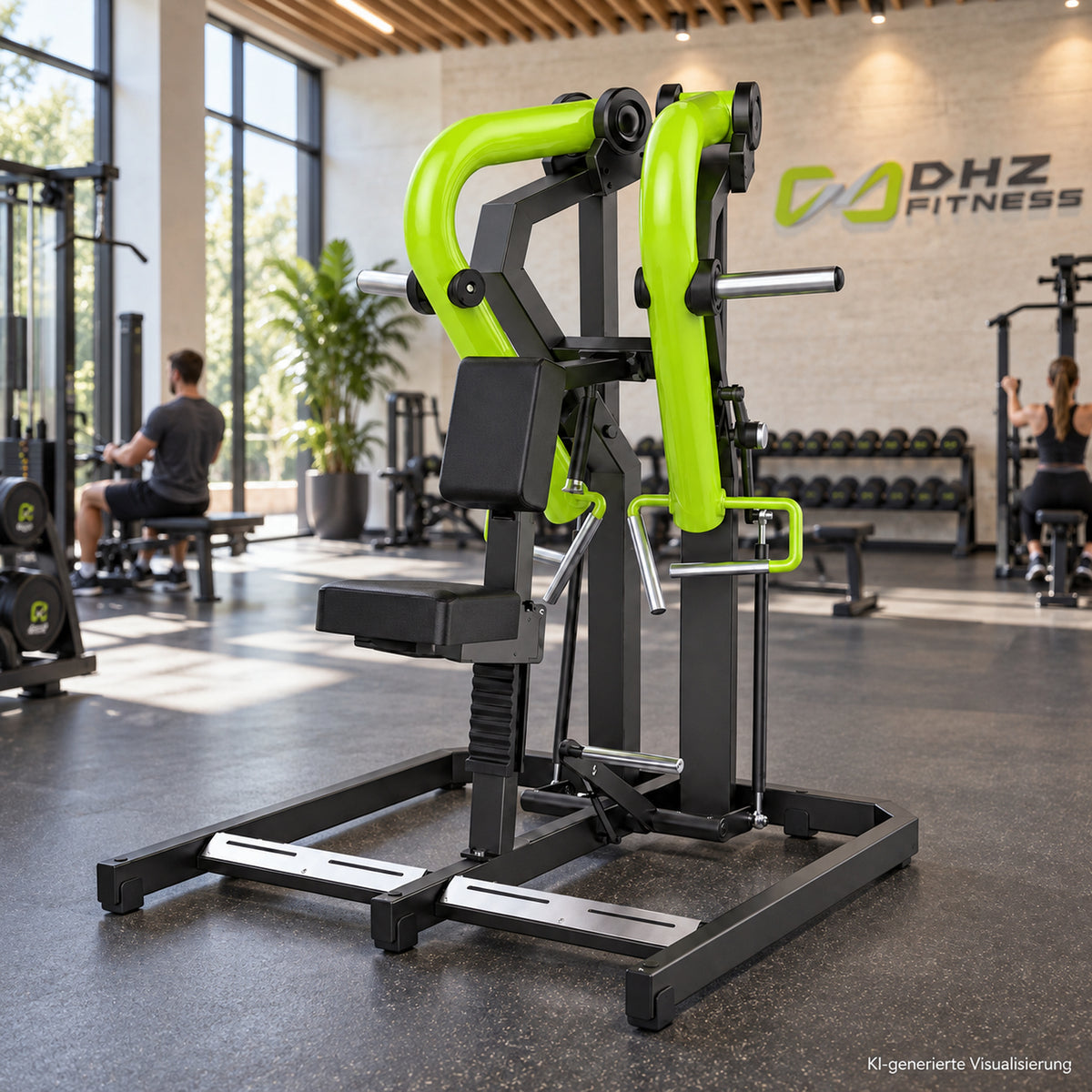 DHZ Y900 Y925L Rudergerät (Low Row) mit Einstiegshilfe in Grün-Schwarz in einem modernen Fitnessstudio – KI-generierte Visualisierung
