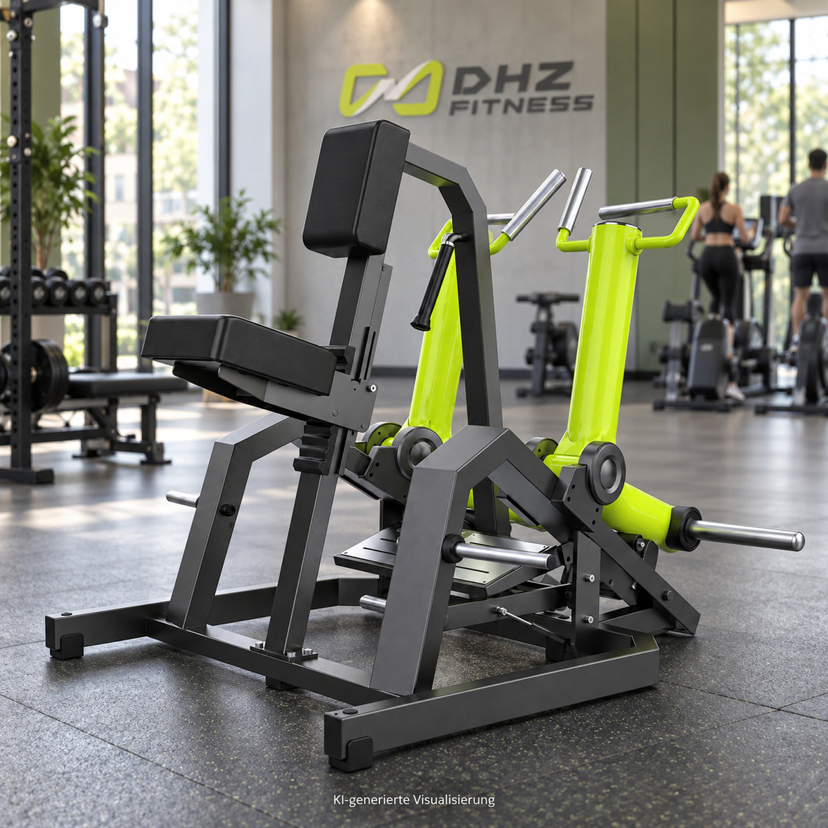 DHZ Y900 Y930L Rudermaschine (Row) mit Einstiegshilfe in Grün-Schwarz in einem modernen Fitnessstudio – KI-generierte Visualisierung