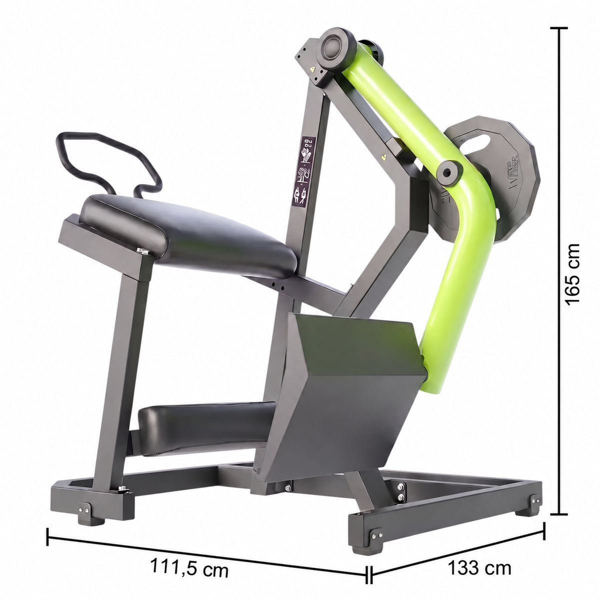 DHZ Y900 Y940 Glute-Kickback-Maschine (Rear Kick) in Grün-Schwarz – Maßzeichnung mit Geräteabmessungen