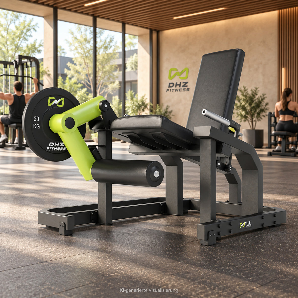 DHZ Y900 Y960 Beinstrecker (Leg Extension) in Grün-Schwarz in einem modernen Fitnessstudio – KI-generierte Visualisierung