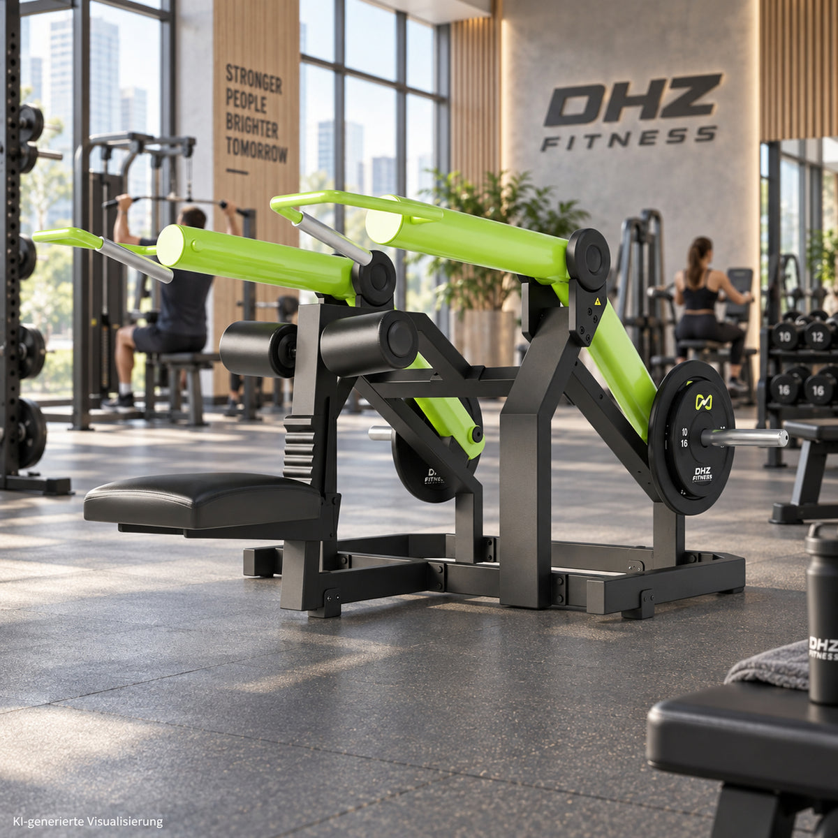 DHZ Y900 Y965 Sitzende Dip-Maschine (Seated Dip) in Grün-Schwarz in einem modernen Fitnessstudio – KI-generierte Visualisierung