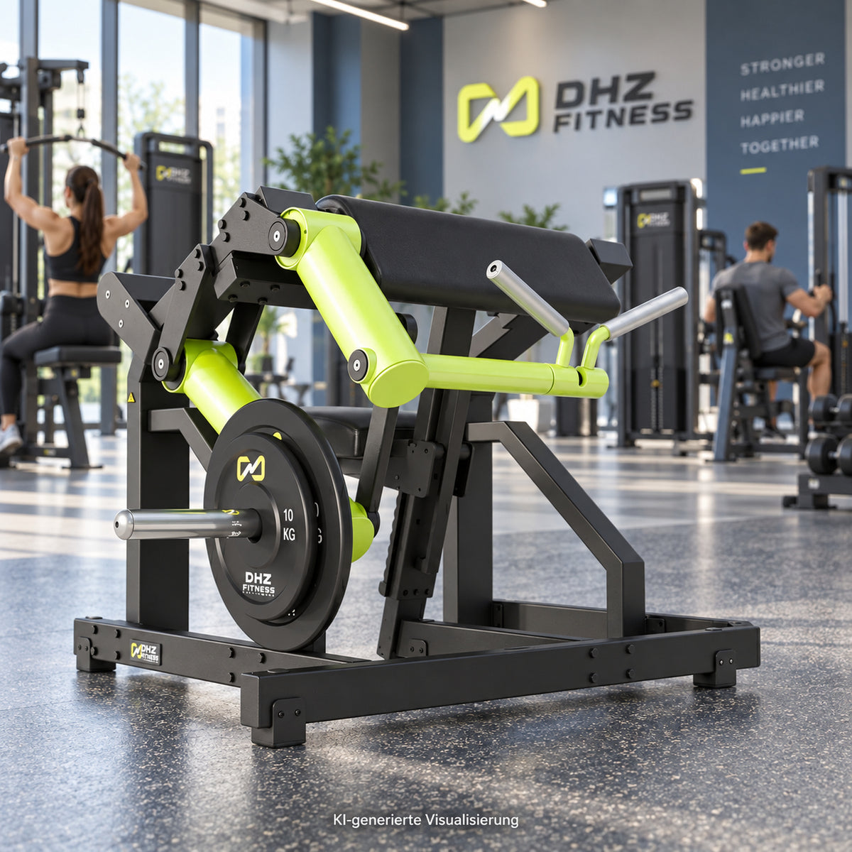 DHZ Y900 Y970 Bizepsmaschine (Biceps Curl) in Grün-Schwarz in einem modernen Fitnessstudio – KI-generierte Visualisierung