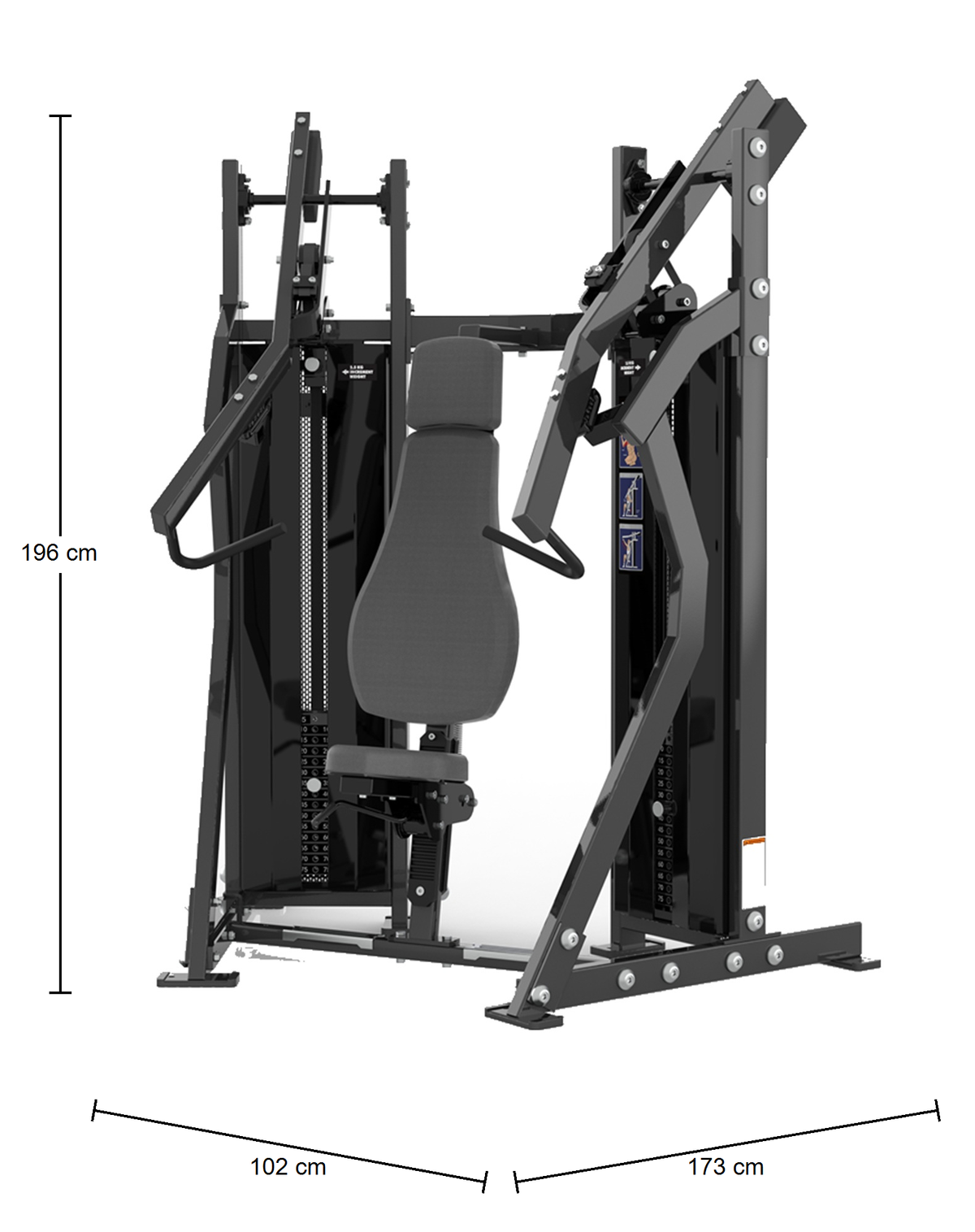 DHZ D-FORCE PM2040 Incline Chest Press – Dual Weight Stack Schrägbank-Brustpresse – Abmessungen des Fitnessgeräts