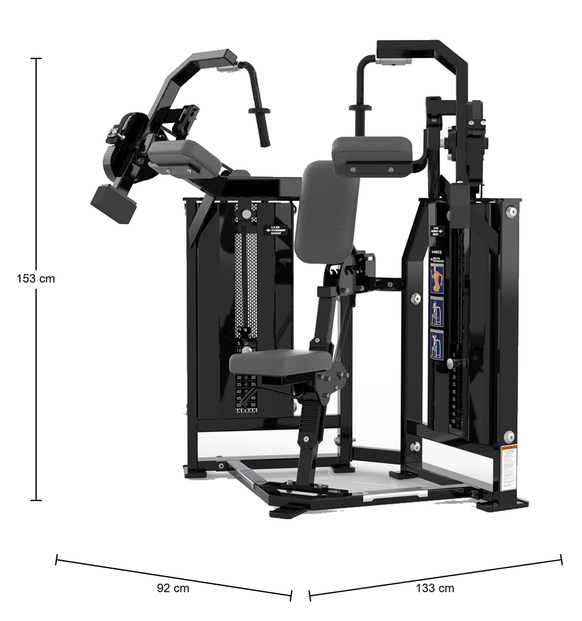 DHZ D-FORCE PM2043 Triceps Extension – Dual Weight Stack Trizepsmaschine – Abmessungen des Fitnessgeräts