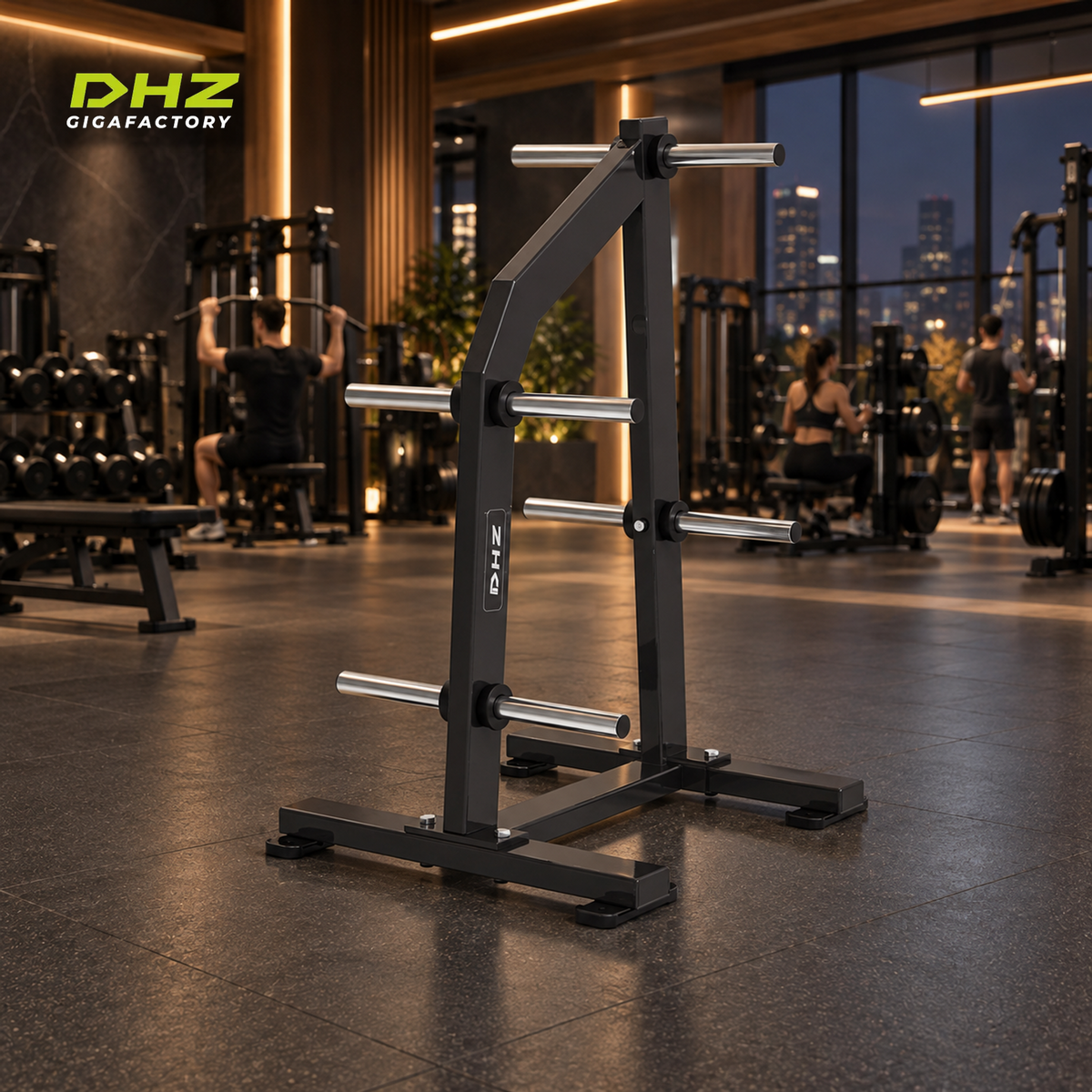 DHZ S-FORCE PM3019 Vertikaler Gewichtsscheibenständer im dunklen realistisch genutzten Premium-Fitnessstudio