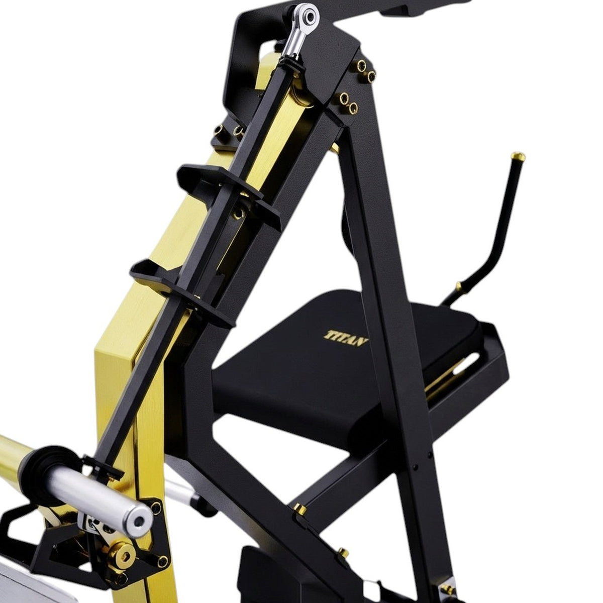 DHZ TITAN Mechanix Y940ZA Rear Kick - Plate Loaded Glute Trainer – rear kick schwarz gold rahmen verstellung detail