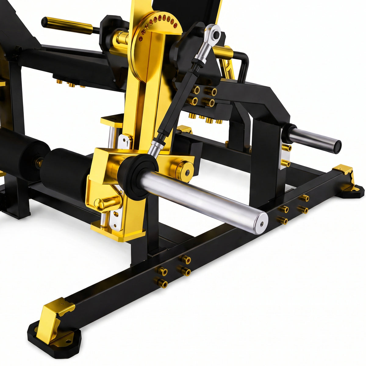 DHZ TITAN Mechanix Y961ZAG Leg Extension – Plate Loaded Beinstrecker – dhz titan mechanix y961zag leg extension schwarz gold lager gelenk detail 