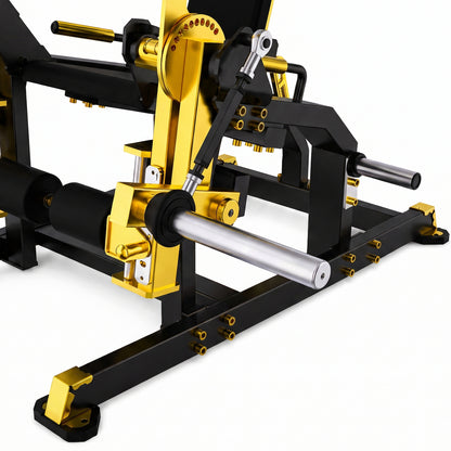 DHZ TITAN Mechanix Y961ZAG Leg Extension – Plate Loaded Beinstrecker – dhz titan mechanix y961zag leg extension schwarz gold lager gelenk detail 