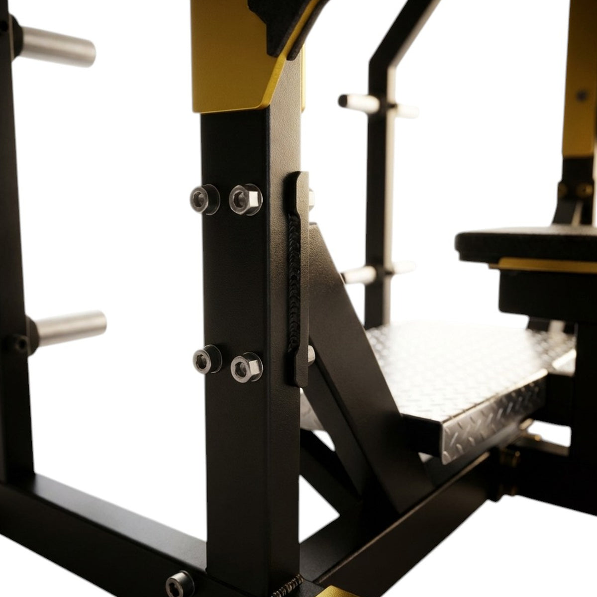 DHZ TITAN Mechanix Y972ZA Olympic Flat Bench - Plate Loaded Flachbank für Langhanteltraining – olympic flat bench schwarz gold strebe verschraubung detail