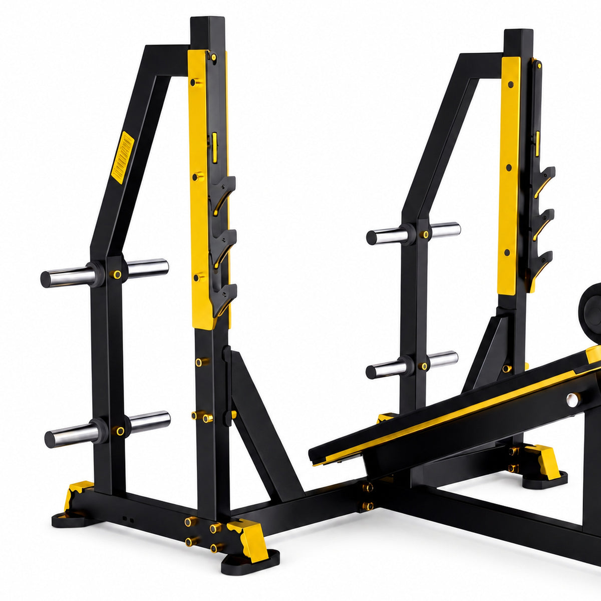 DHZ TITAN Mechanix Y973ZA Olympic Decline Bench - Plate Loaded Negativbank für Langhanteltraining – olympic decline bench schwarz gold rahmen hantelablage detail