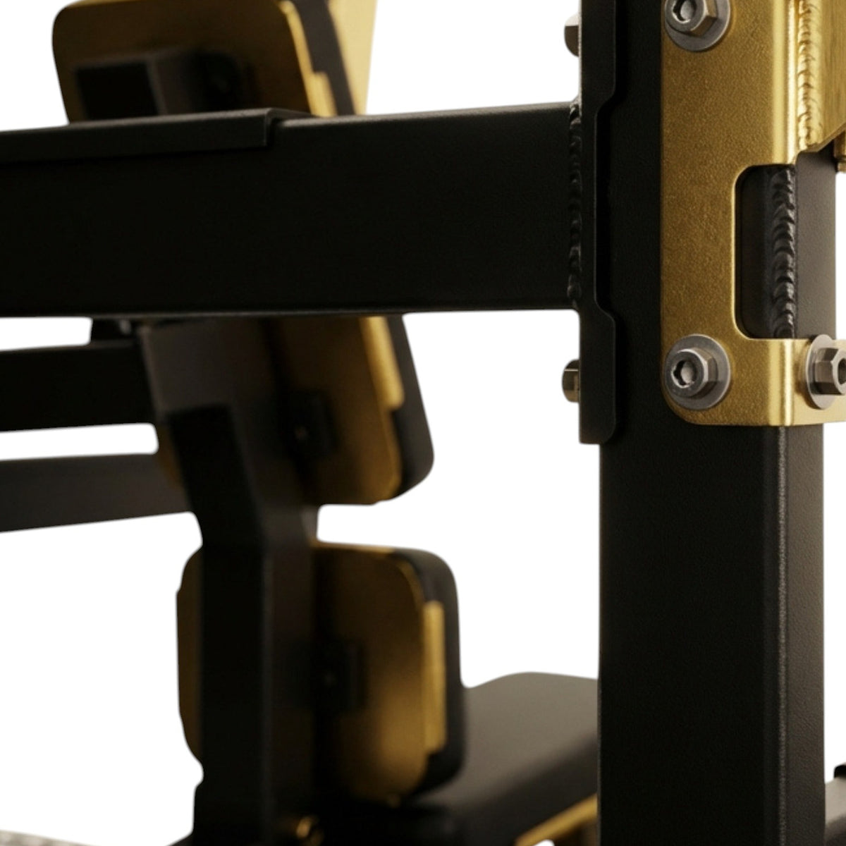 DHZ TITAN Mechanix Y974ZA Olympic Military Bench - Plate Loaded Schulterpresse Bank für Langhanteltraining – olympic military bench schwarz gold rahmen verschraubung detail