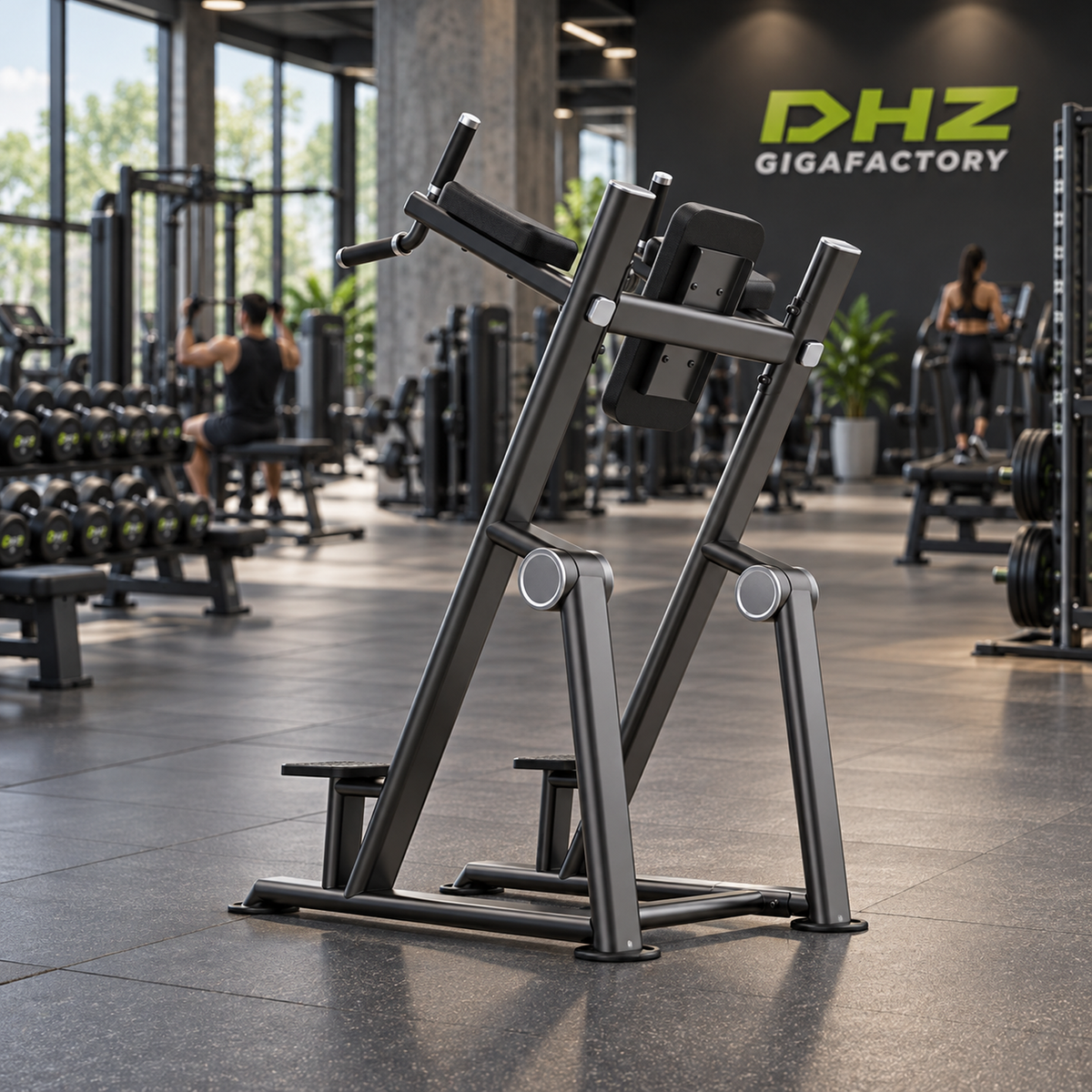 DHZ U2047 Vertical Knees Up Dip frei im Fitnessstudio-Ambiente mit Training im Hintergrund