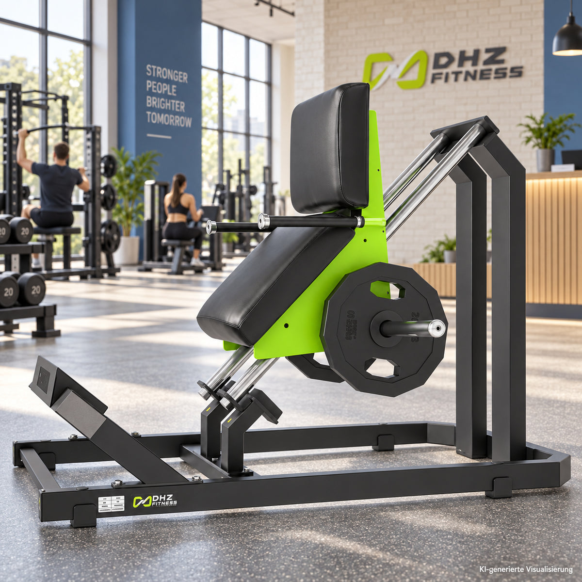 DHZ Y900 Y945 Wadenmaschine (Calf) in Grün-Schwarz in einem modernen Fitnessstudio – KI-generierte Visualisierung