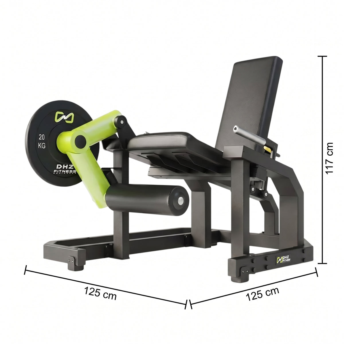 DHZ Y900 Y960 Beinstrecker (Leg Extension) in Grün-Schwarz – Maßzeichnung mit Geräteabmessungen