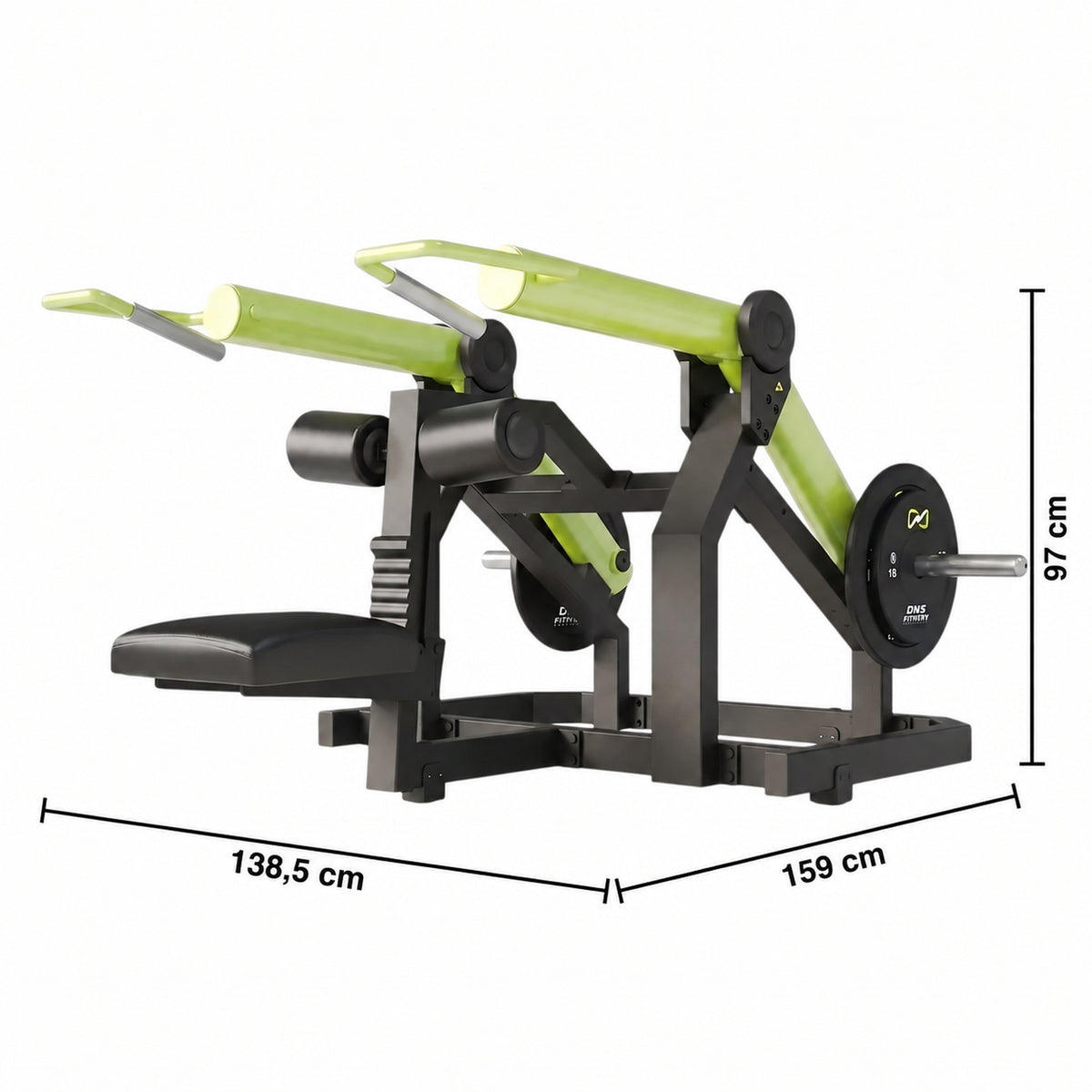 DHZ Y900 Y965 Sitzende Dip-Maschine (Seated Dip) in Grün-Schwarz – Maßzeichnung mit Geräteabmessungen