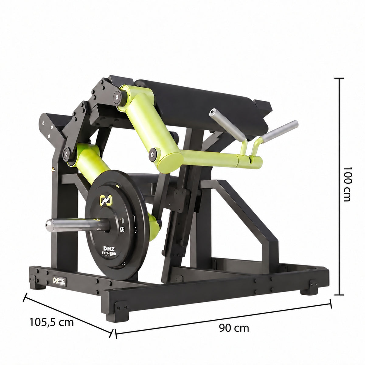 DHZ Y900 Y970 Bizepsmaschine (Biceps Curl) in Grün-Schwarz – Maßzeichnung mit Geräteabmessungen