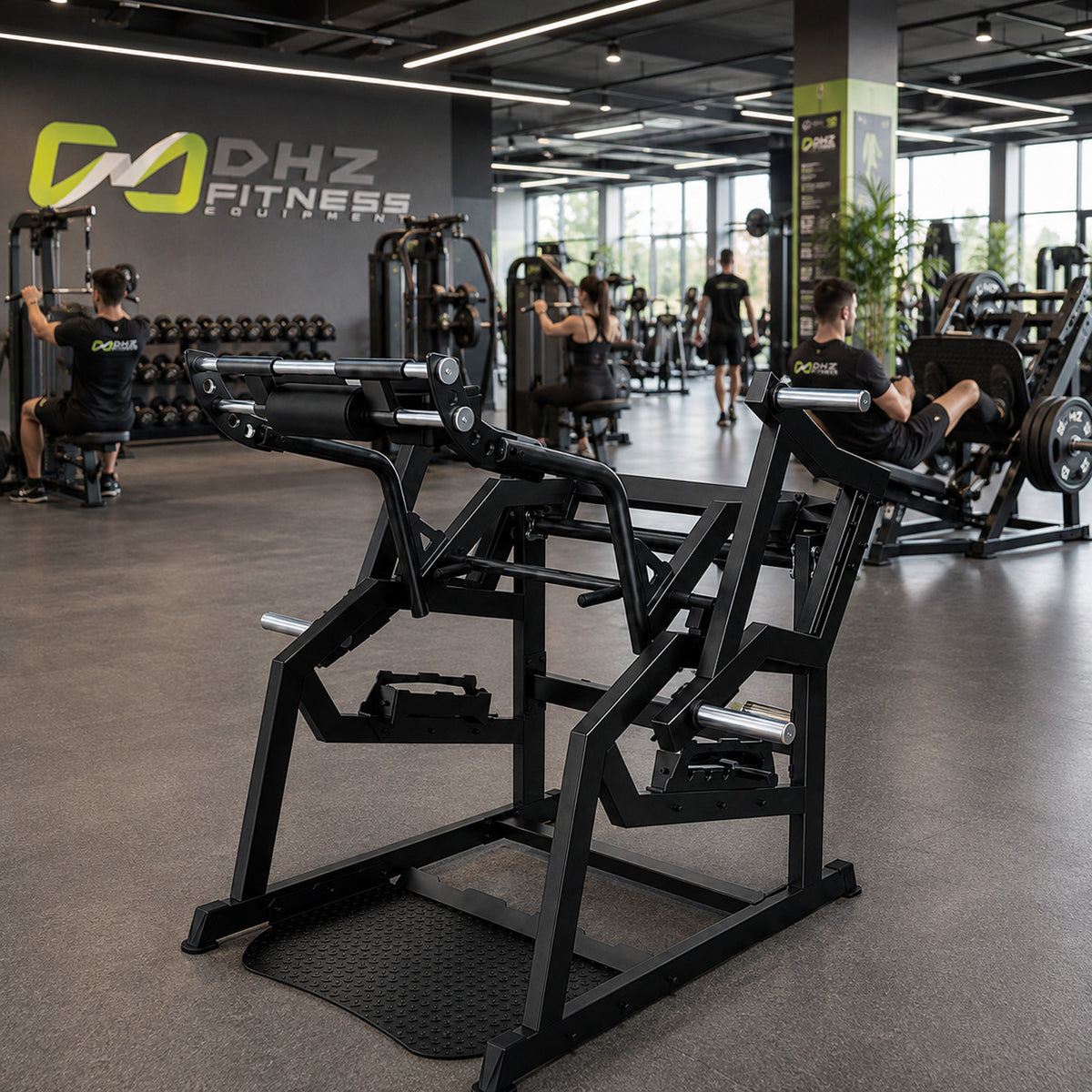 DHZ A601 Power Squat – Plate Loaded Squat Machine – Geräteansicht in einem hochwertigen Premium-Fitnessstudio