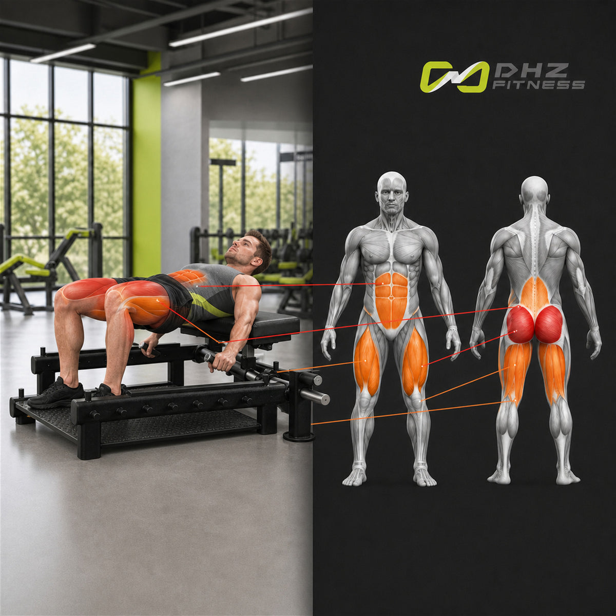 DHZ A606 Glute Bridge Bench – Plate Loaded Glute Bench – Übungsdarstellung mit korrekt beanspruchter Muskulatur – Ansicht 1