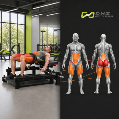 DHZ A606 Glute Bridge Bench – Plate Loaded Glute Bench – Übungsdarstellung mit korrekt beanspruchter Muskulatur – Ansicht 1