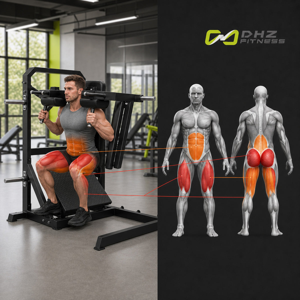 DHZ A610 Pendulum Squat – Plate Loaded Kniebeugenmaschine – Übungsdarstellung mit korrekt beanspruchter Muskulatur