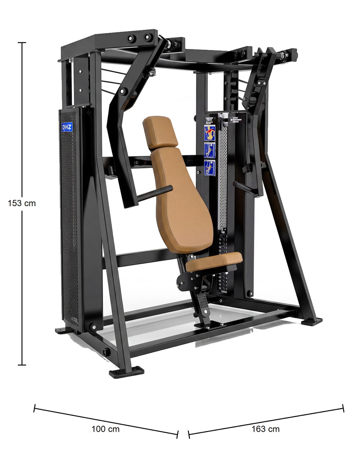 DHZ D-FORCE PM2042 Decline Chest Press – Dual Weight Stack Decline-Brustpresse – Abmessungen des Fitnessgeräts