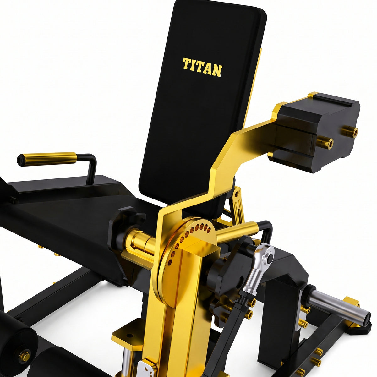 DHZ TITAN Mechanix Y961ZAG Leg Extension – Plate Loaded Beinstrecker – dhz titan mechanix y961zag leg extension schwarz gold hebelmechanik detail 