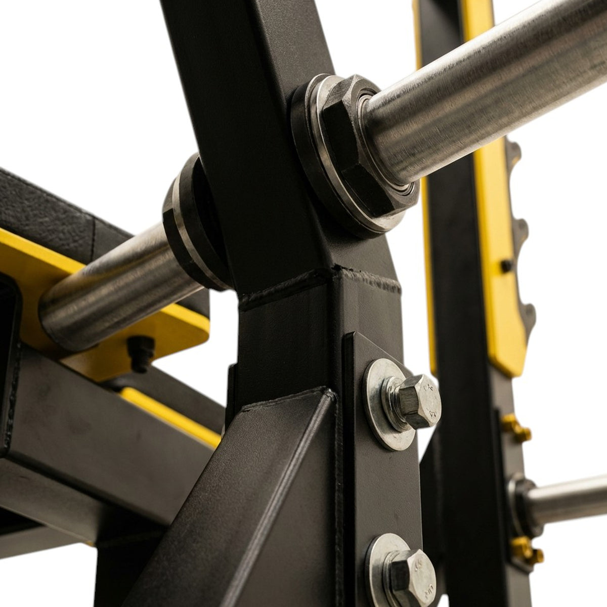 DHZ TITAN Mechanix Y972ZA Olympic Flat Bench - Plate Loaded Flachbank für Langhanteltraining – olympic flat bench schwarz gold hantelscheibenaufnahme detail