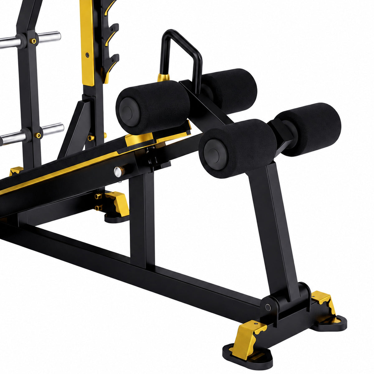 DHZ TITAN Mechanix Y973ZA Olympic Decline Bench - Plate Loaded Negativbank für Langhanteltraining – olympic decline bench schwarz gold beinpolster detail