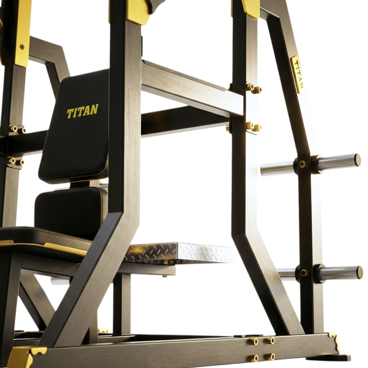 DHZ TITAN Mechanix Y974ZA Olympic Military Bench - Plate Loaded Schulterpresse Bank für Langhanteltraining – olympic military bench schwarz gold rahmen hantelablage detail
