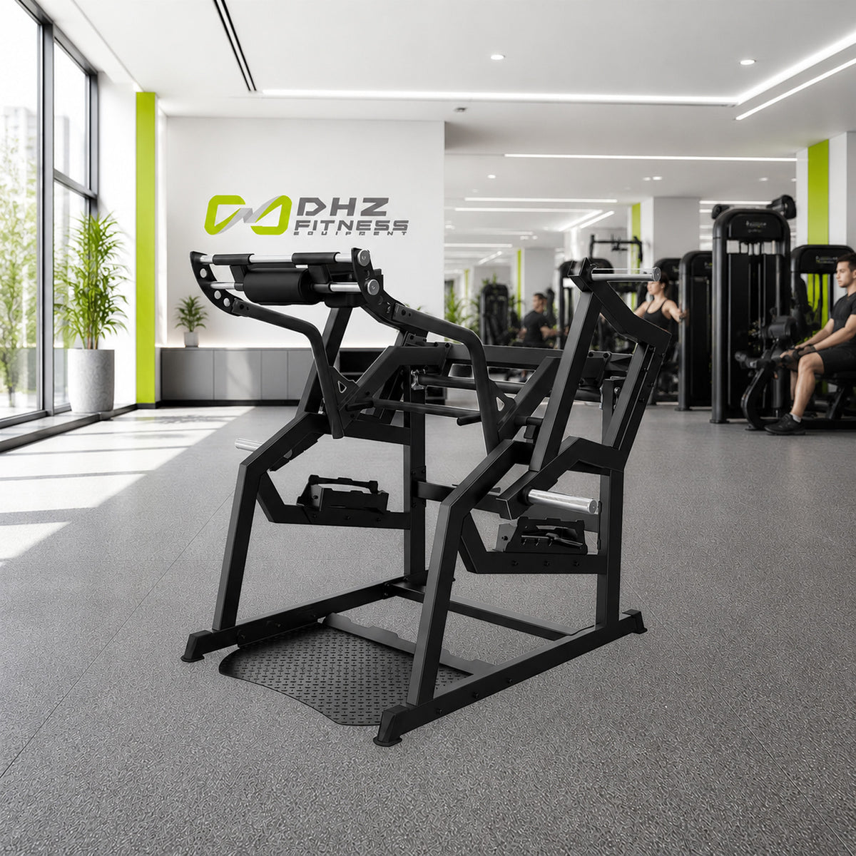 DHZ A601 Power Squat – Plate Loaded Squat Machine – Geräteansicht im professionellen Fitnessstudio