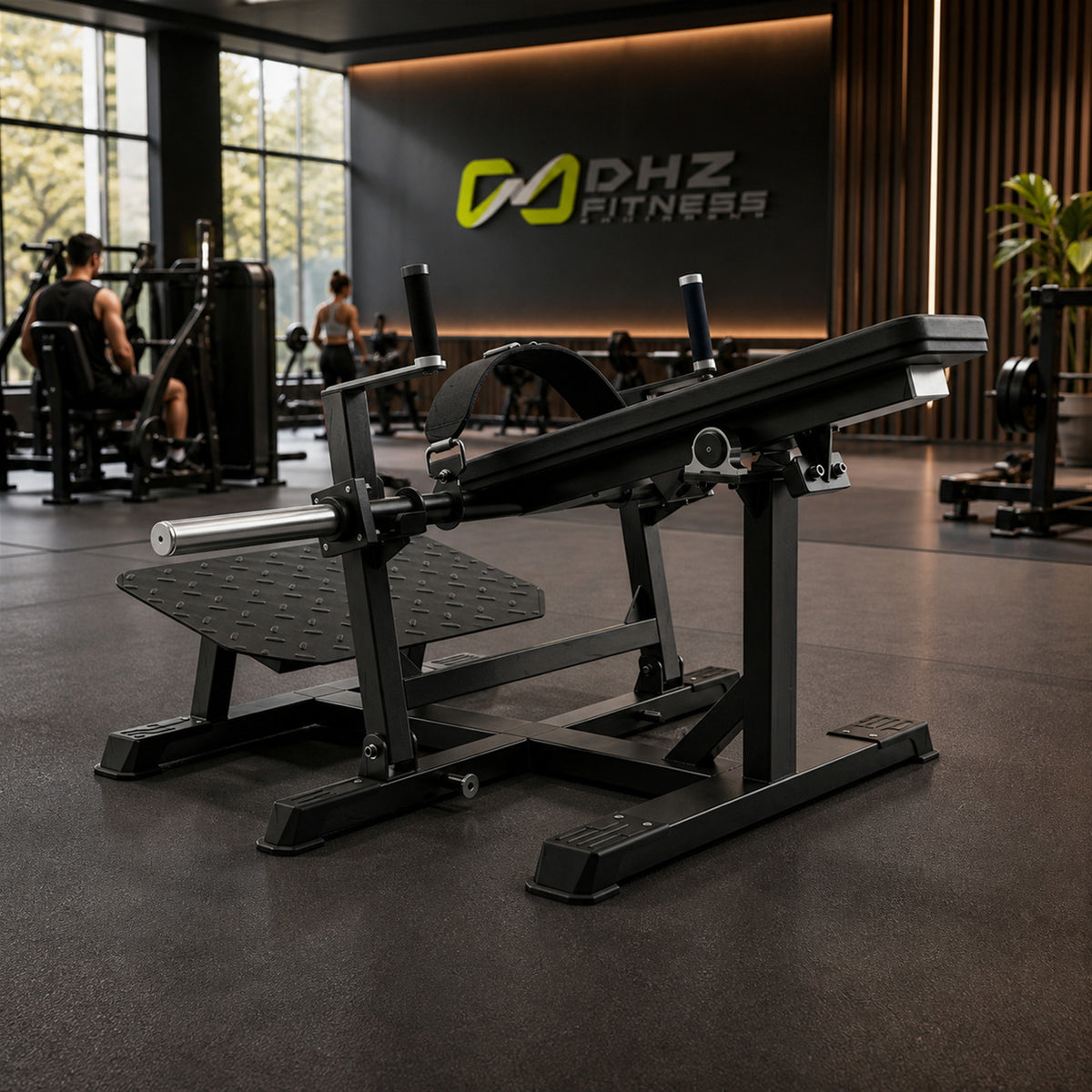 DHZ A608 Belt Hip Thrust – Plate Loaded Hip Thrust Maschine – Geräteansicht in einem hochwertigen Premium-Fitnessstudio