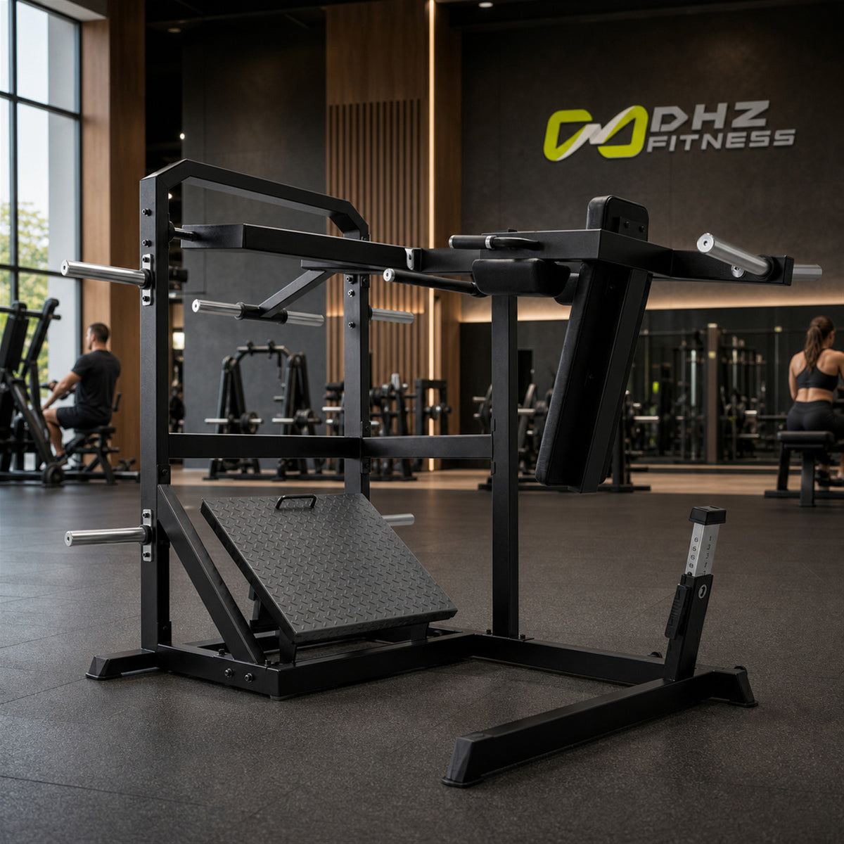 DHZ A610 Pendulum Squat – Plate Loaded Kniebeugenmaschine – Geräteansicht in einem hochwertigen Premium-Fitnessstudio