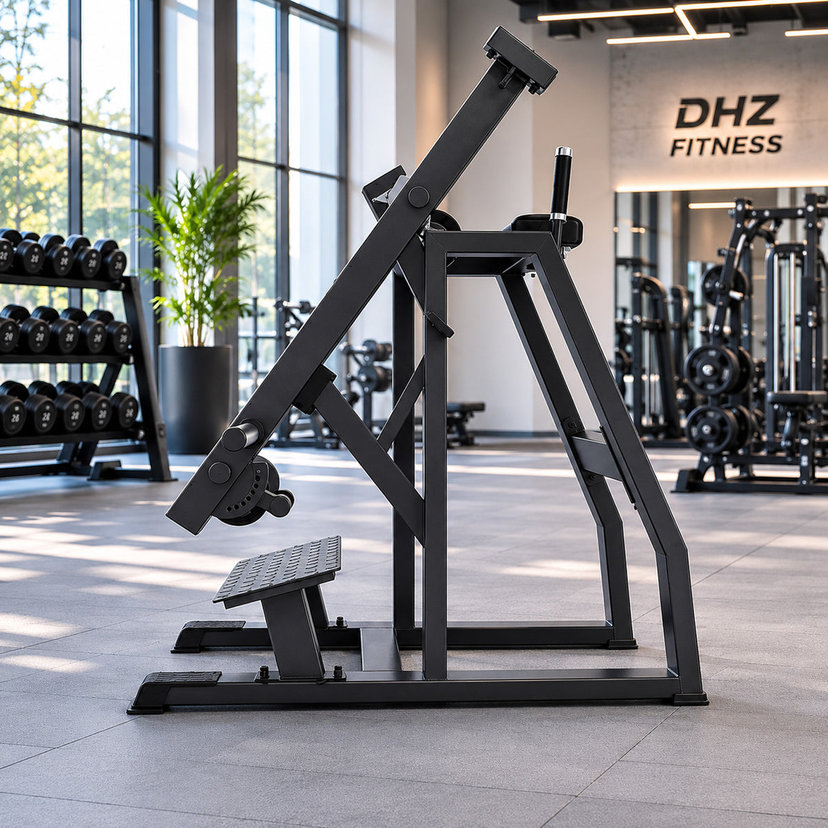 DHZ A613 Reverse Hyperextension – Professionelle Plate-Loaded Maschine – Geräteansicht im professionellen Fitnessstudio – Ansicht 1