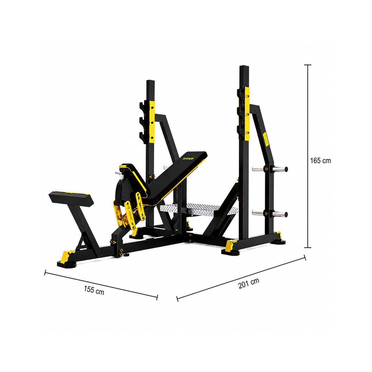 DHZ TITAN Mechanix Y971ZA Olympic Incline Bench - Plate Loaded Schrägbank für Langhanteltraining – olympic incline bench schwarz gold abmessungen