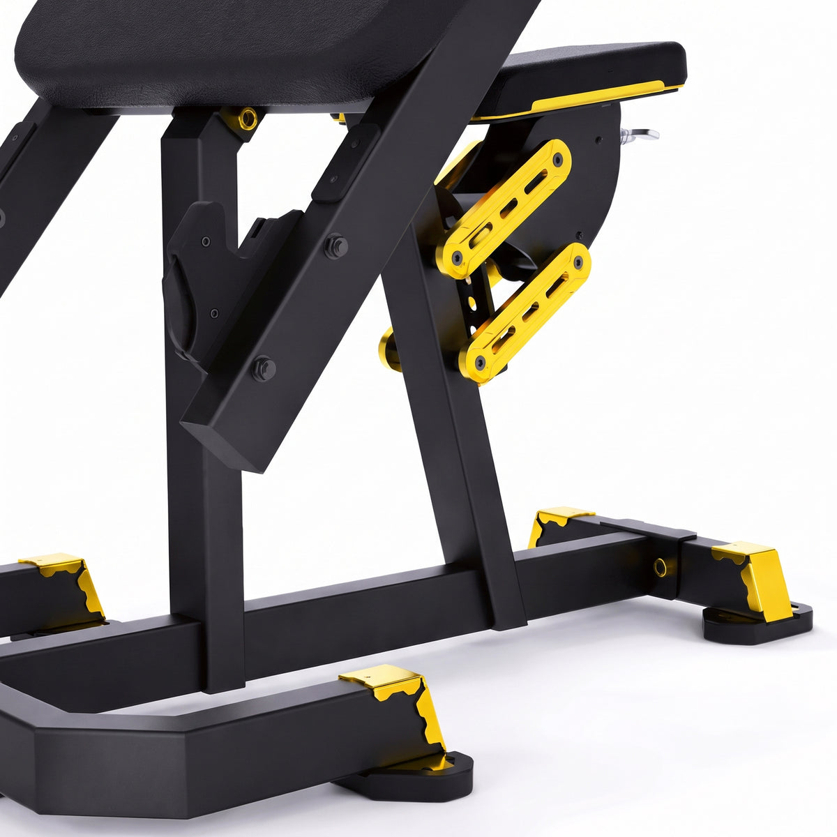 DHZ TITAN Mechanix Y976ZA Seated Preacher Curl - Plate Loaded Bizepsbank für isoliertes Armtraining – seated preacher curl schwarz gold sitzverstellung detail