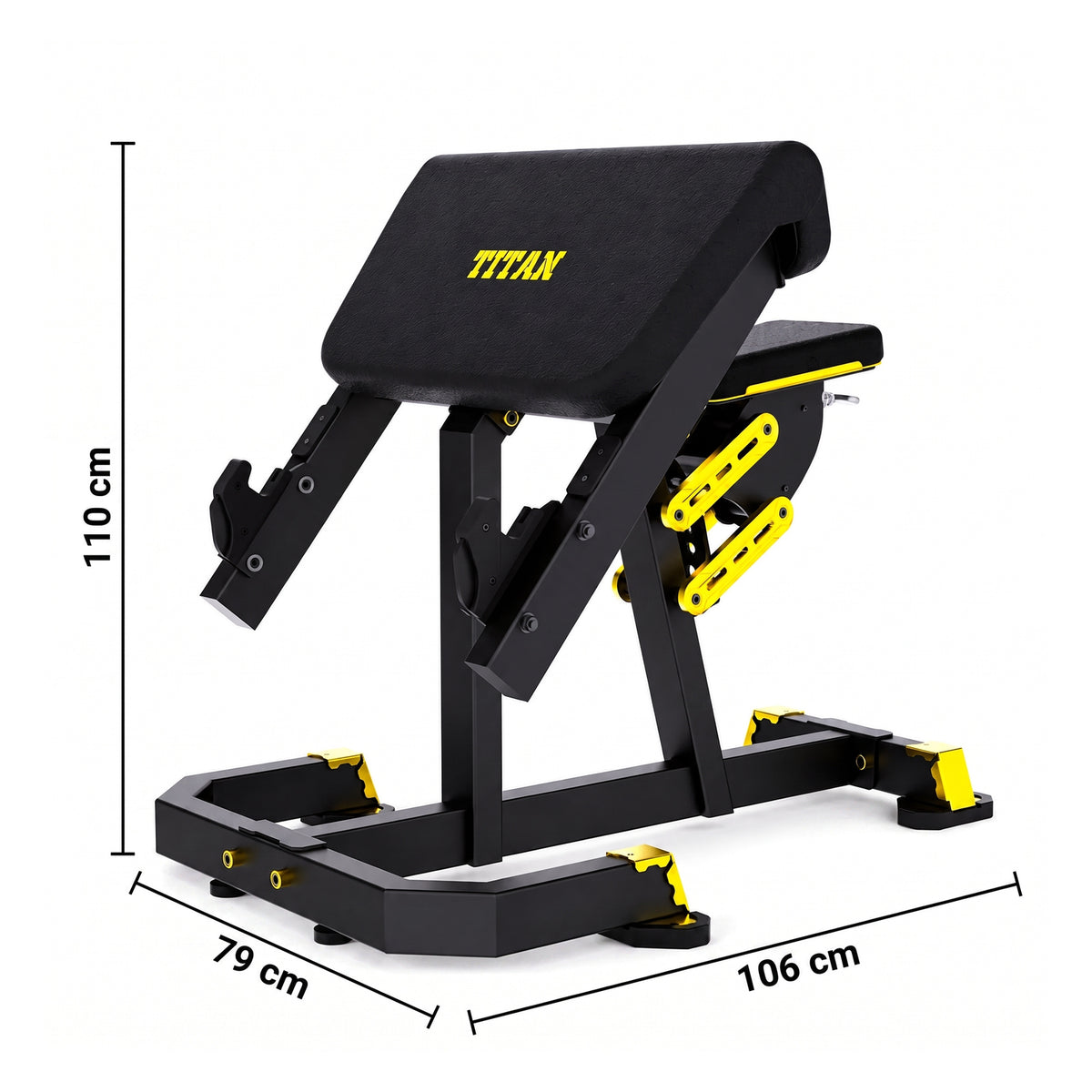 DHZ TITAN Mechanix Y976ZA Seated Preacher Curl - Plate Loaded Bizepsbank für isoliertes Armtraining – seated preacher curl schwarz gold abmessungen