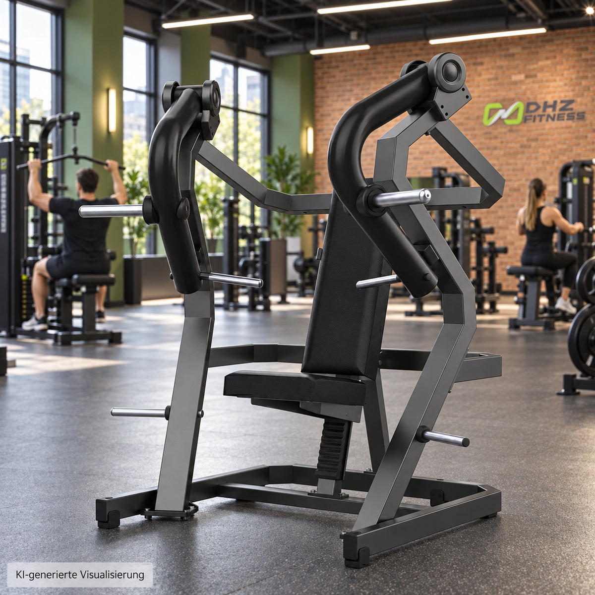 DHZ Y900 Y905 Brustpresse (Chest Press) in Schwarz-Schwarz in einem modernen Fitnessstudio – KI-generierte Visualisierung