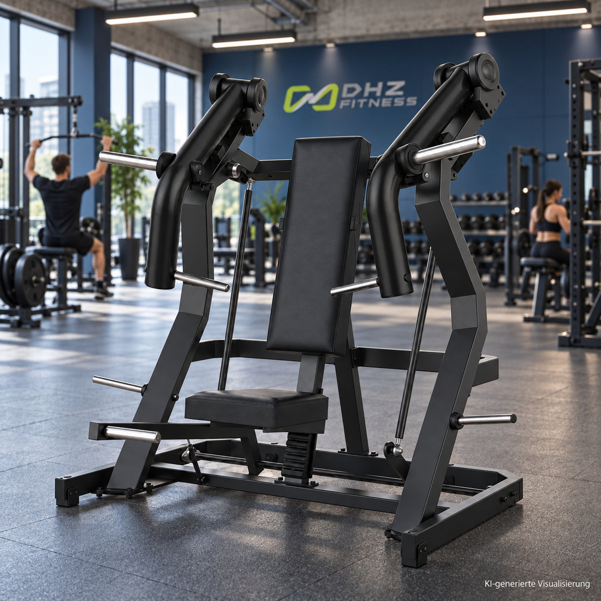 DHZ Y900 Y905L Brustpresse (Chest Press) mit Einstiegshilfe in Schwarz-Schwarz in einem modernen Fitnessstudio – KI-generierte Visualisierung