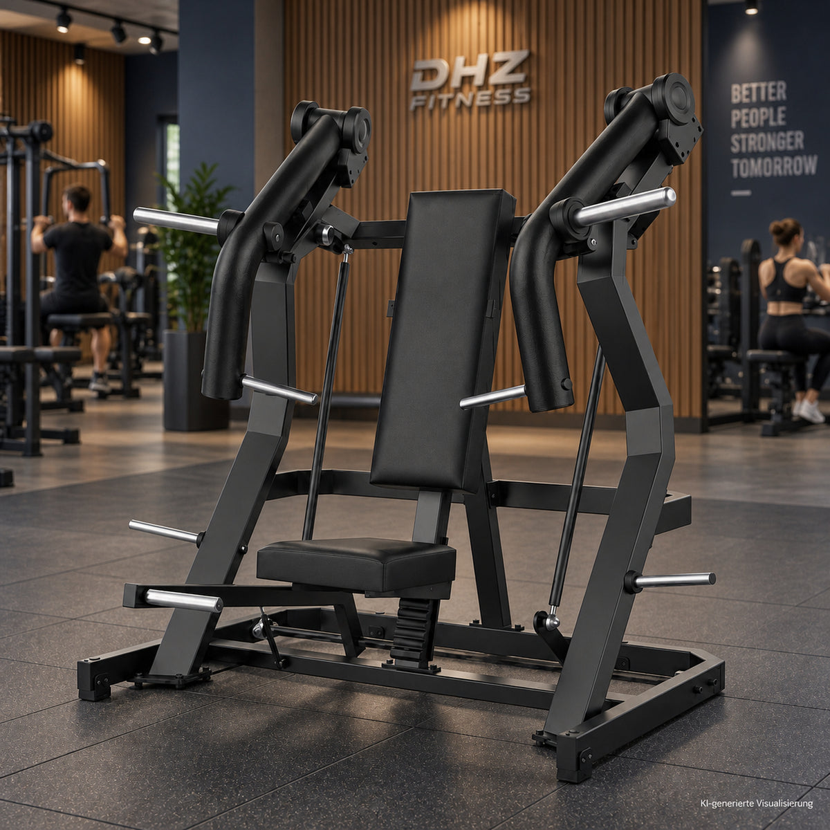 DHZ Y900 Y915L Schrägbank-Brustpresse (Incline Chest Press) mit Einstiegshilfe in Schwarz-Schwarz in einem modernen Fitnessstudio – KI-generierte Visualisierung