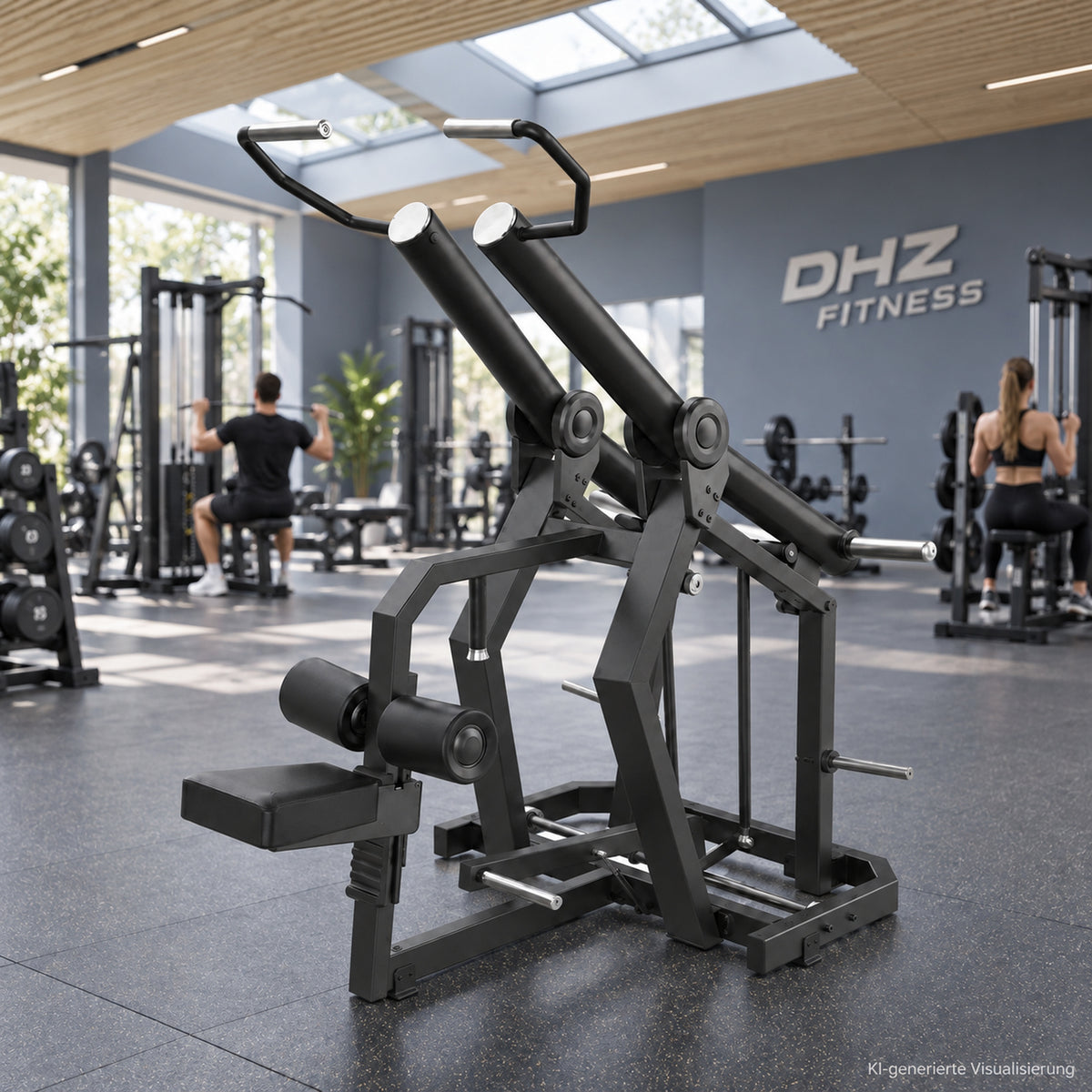 DHZ Y900 Y920L Latzugmaschine (Pull Down) mit Einstiegshilfe in Schwarz-Schwarz in einem modernen Fitnessstudio – KI-generierte Visualisierung