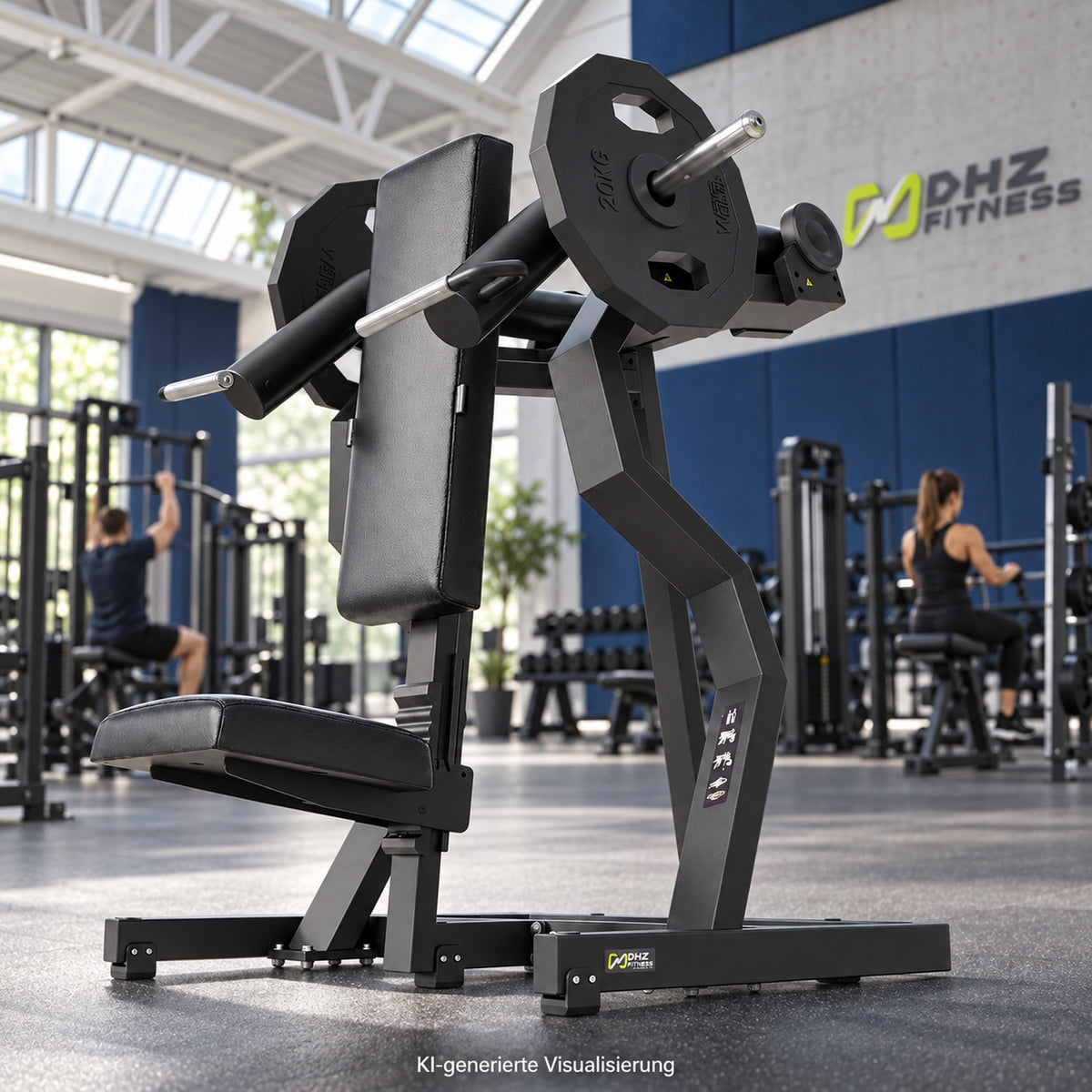 DHZ Y900 Y935 Schulterpresse (Shoulder Press) in Schwarz-Schwarz in einem modernen Fitnessstudio – KI-generierte Visualisierung