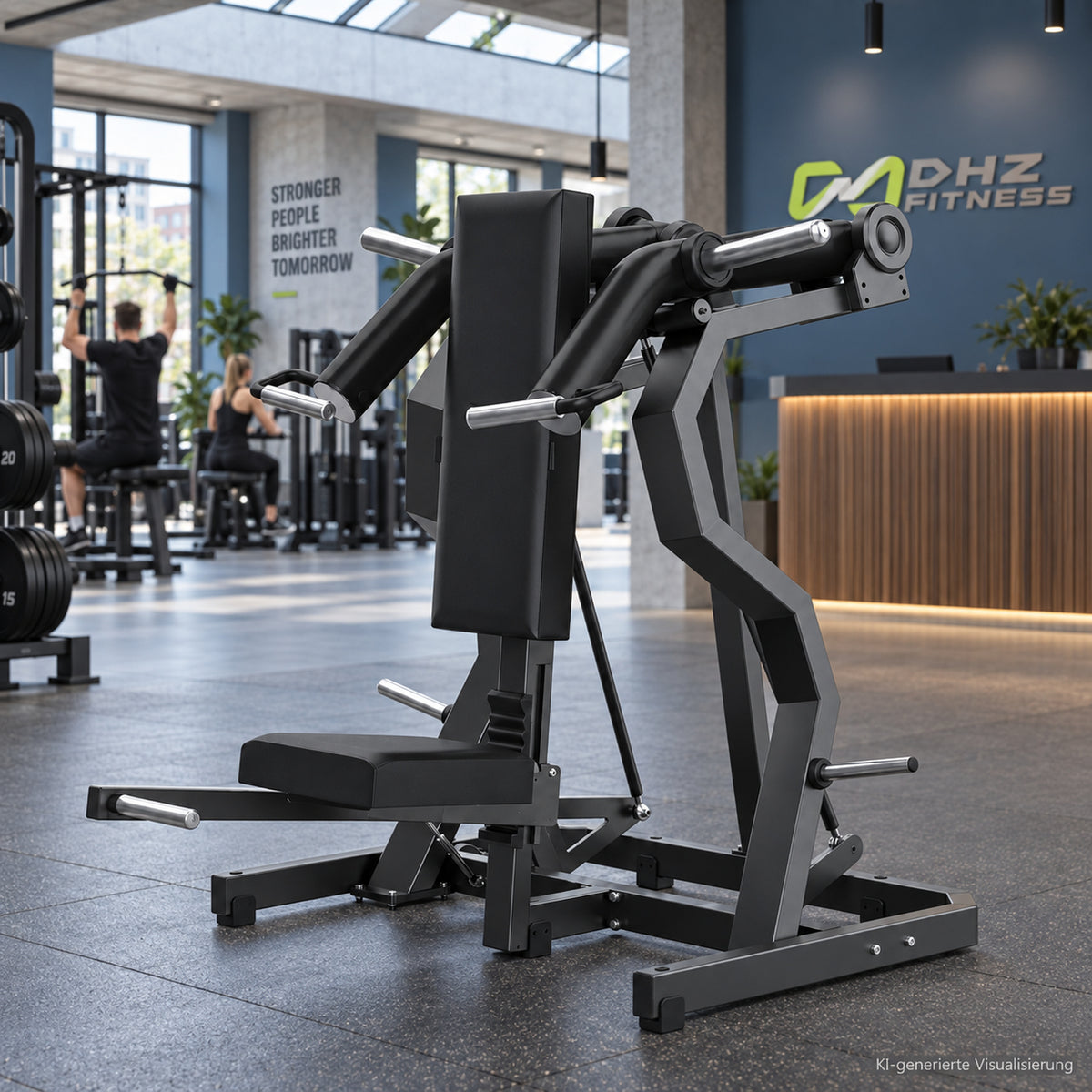 DHZ Y900 Y935L Schulterpresse (Shoulder Press) mit Einstiegshilfe in Schwarz-Schwarz in einem modernen Fitnessstudio – KI-generierte Visualisierung