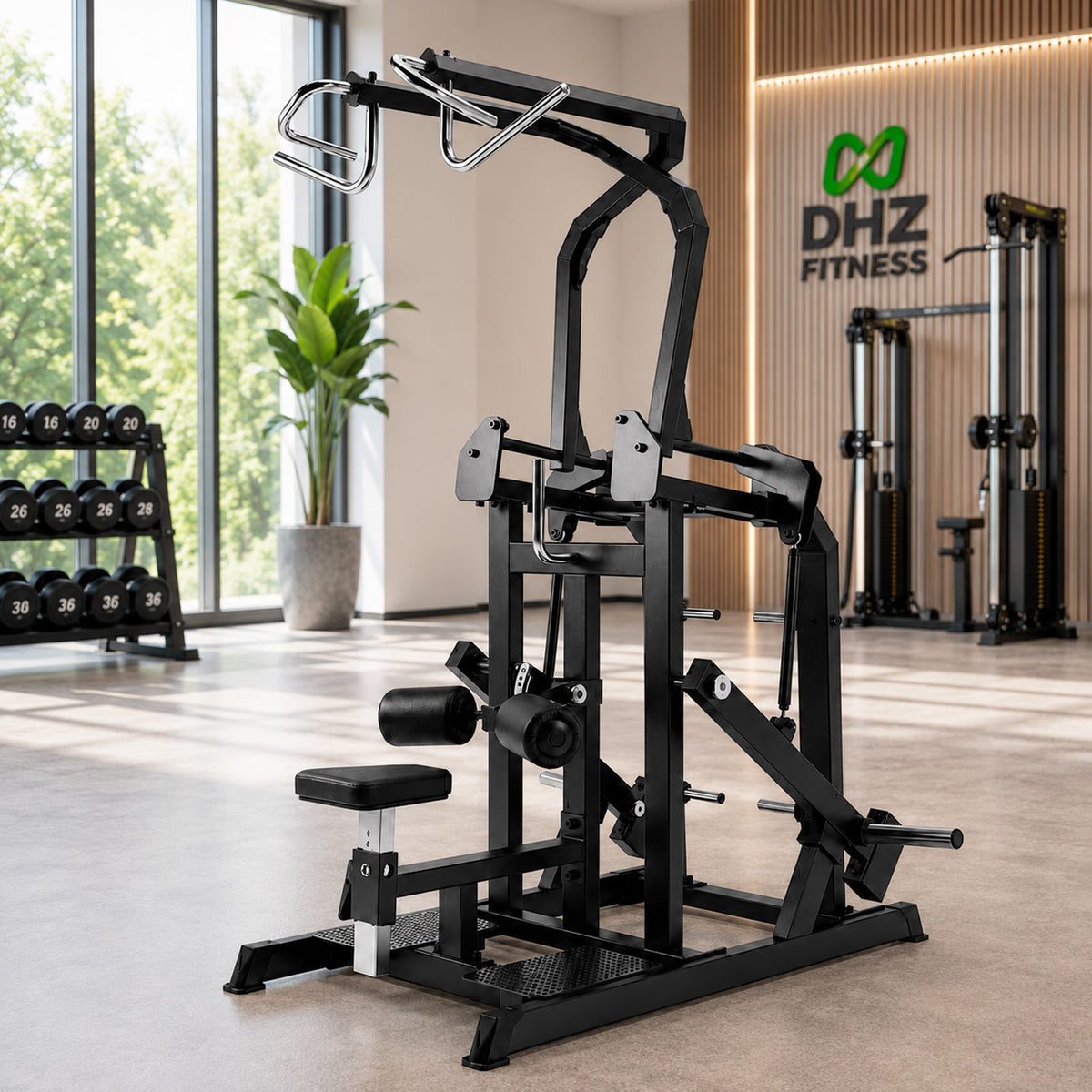 DHZ A622 Circular Lat Pulldown – Professionelle Plate-Loaded Latzugmaschine – Geräteansicht im professionellen Fitnessstudio