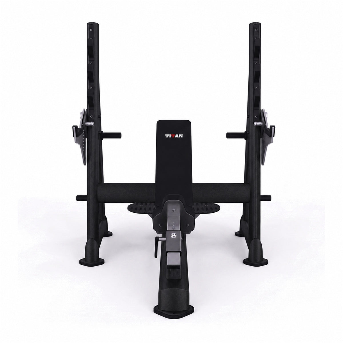 DHZ TITAN Extreme T932 Olympic Incline Bench – Professionelle olympische Schrägbank mit Hantelablagen – olympic incline bench langhantelbank obsidian black frontansicht