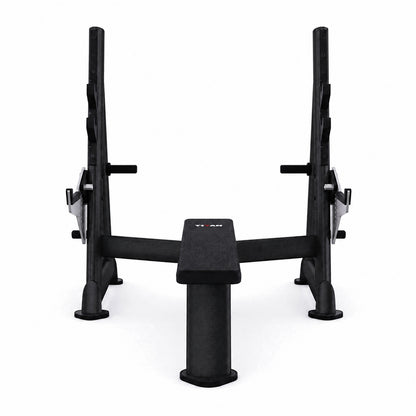 DHZ TITAN Extreme T933 Olympic Flat Bench – Professionelle olympische Flachbank mit Hantelablagen – olympic flat bench langhantelbank obsidian black frontansicht