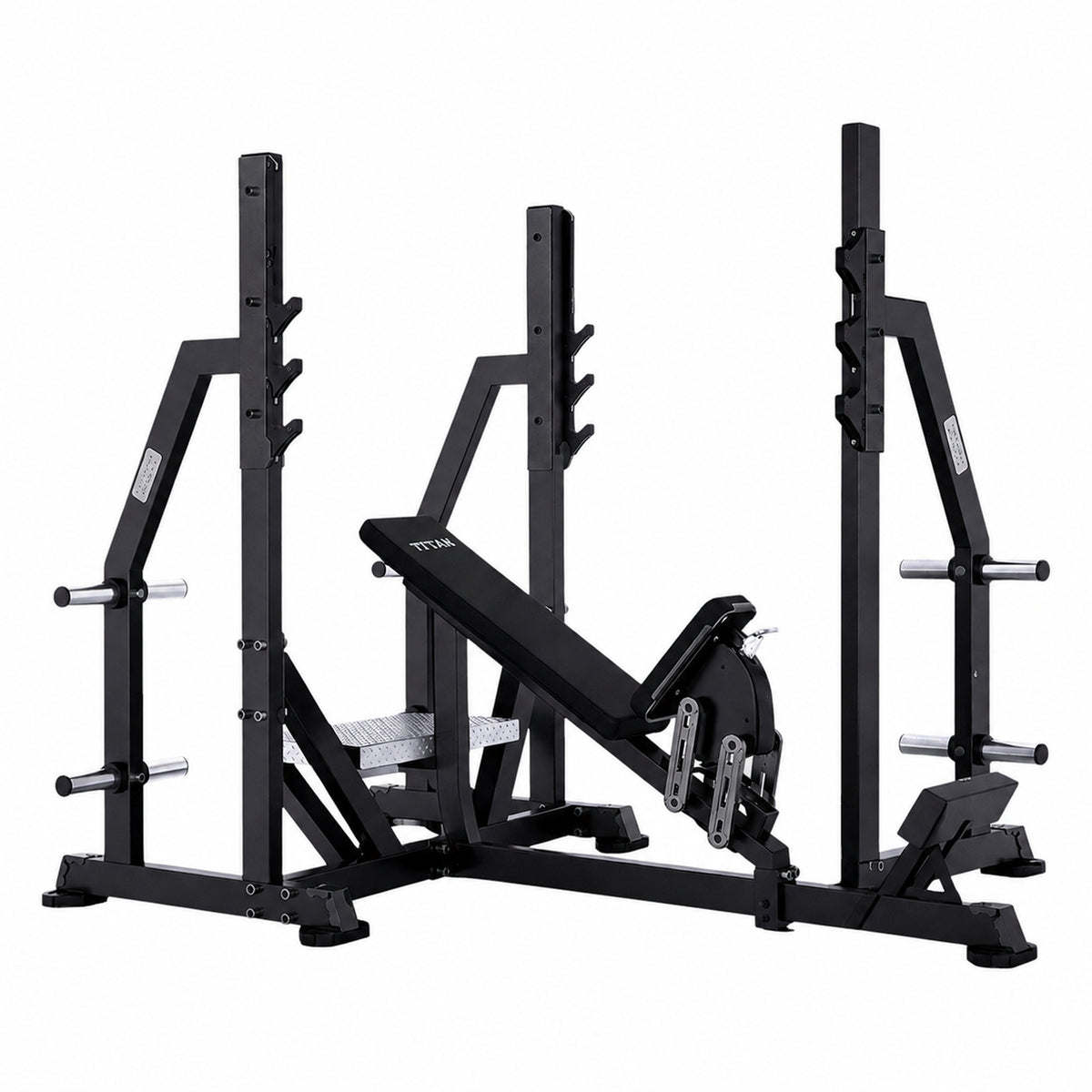 DHZ TITAN Mechanix Y971ZA Olympic Incline Bench - Plate Loaded Schrägbank für Langhanteltraining – olympic incline bench obsidian black seitenansicht links