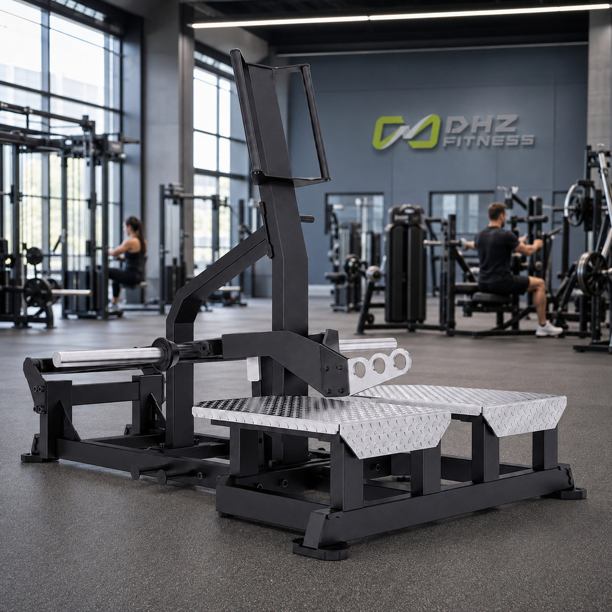 DHZ TITAN Mechanix Y986ZA Belt Squat – Plate Loaded Kniebeugenmaschine – dhz titan mechanix y986za belt squat obsidian black premium fitnessstudio – KI-generierte Studioszene
