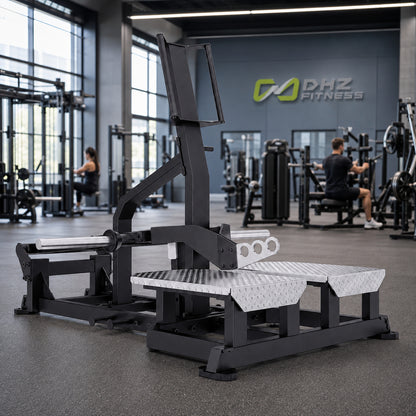 DHZ TITAN Mechanix Y986ZA Belt Squat – Plate Loaded Kniebeugenmaschine – dhz titan mechanix y986za belt squat obsidian black premium fitnessstudio – KI-generierte Studioszene